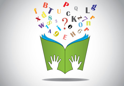 hand holding open book with flying alphabets n question mark