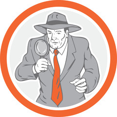 Detective Holding Magnifying Glass Circle Retro