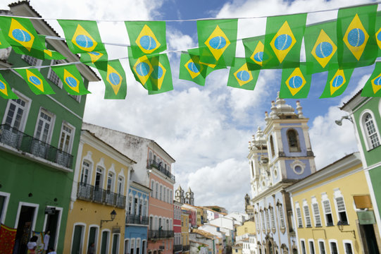 Pelourinho Salvador Brazil with Brazilian Flag Bunting