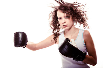 Sport boxer woman in gloves. Fitness girl training kick boxing.