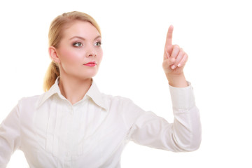 Business woman pressing button or pointing isolated
