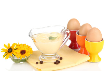 Mayonnaise in bowl on napkin isolated on white