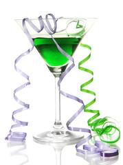 Glass of cocktail and streamer after party isolated on white