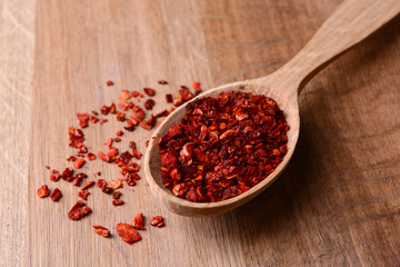 Spice pepper in spoon on wooden background