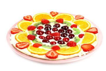 Homemade sweet pizza with fruits isolated on white