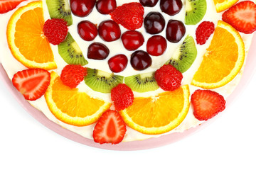 Homemade sweet pizza with fruits, close up