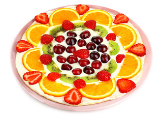 Homemade sweet pizza with fruits isolated on white