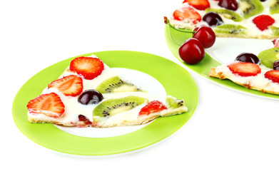 Homemade sweet pizza with fruits isolated on white