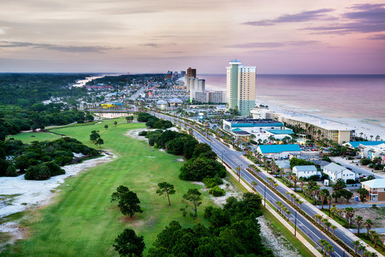 Panama City Beach, Florida, view of Front Beach Road at sunrise
