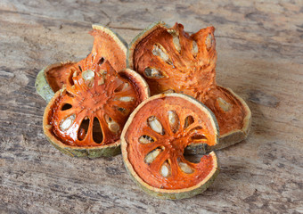 Close up slices of dried bael fruit