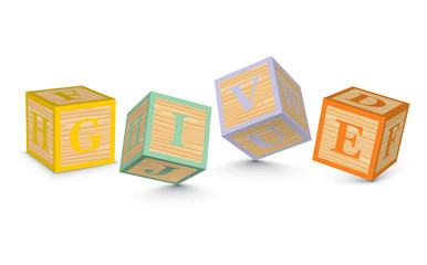 Word GIVE written with alphabet blocks