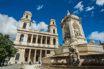 Fototapeta na wymiar Church of Saint Sulpice with fountain, Paris, France