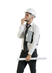 Young handsome contractor with drawing plans isolated on white