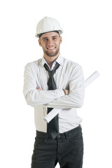 Young handsome contractor with drawing plans isolated on white