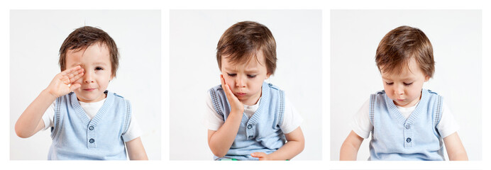 Boy, making funny faces on a white background