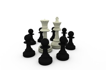 White king and queen surrounded by black pieces