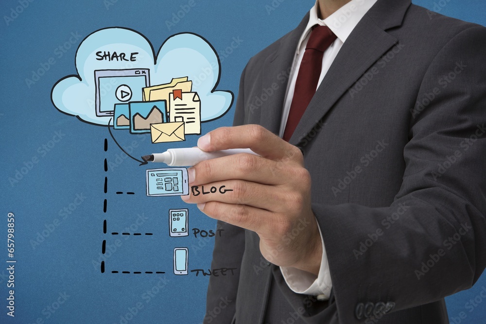 Poster Composite image of businessman writing flowchart