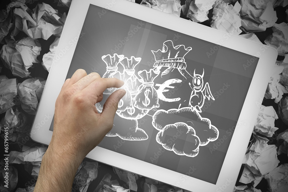 Poster composite image of hand touching tablet