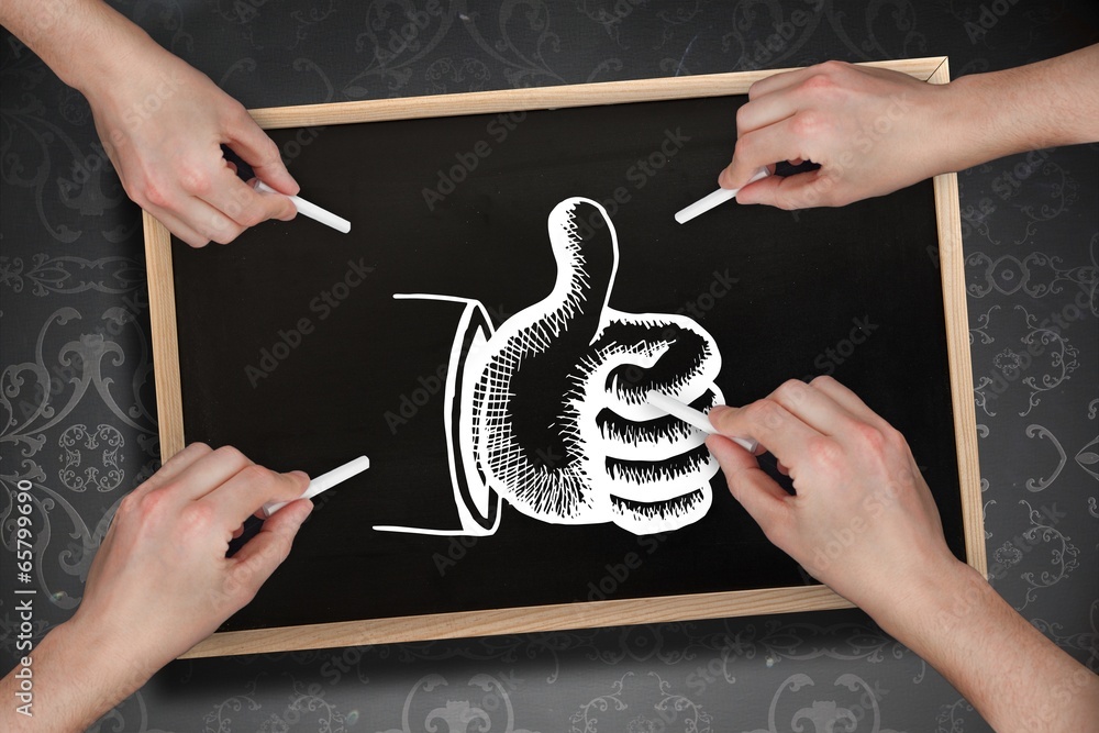 Poster Composite image of multiple hands drawing thumb up with chalk