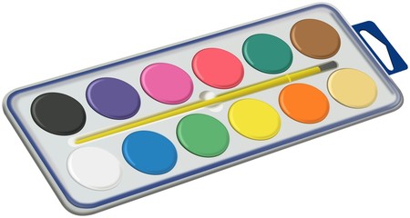 Fototapeta premium Set of water colors with brush in plastic box