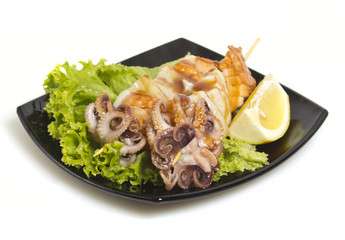 Seafood shashlik isolated on white background