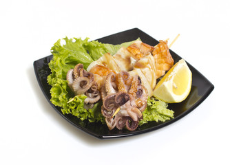 Seafood shashlik isolated on white background