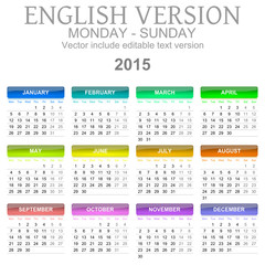 2015 Calendar English Language Version Mon – Sun