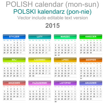 2015 Calendar Polish Language Version Mon - Sun