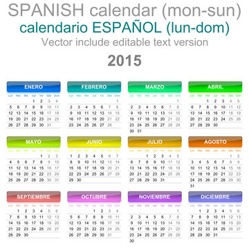 2015 Calendar Spanish Language Version Mon - Sun