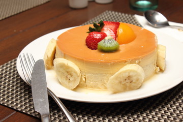 banana caramel cake on white plate