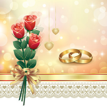 romantic card with roses on wedding day