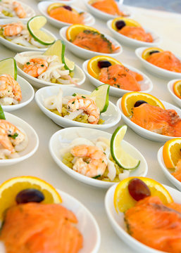 Seafood starters on a buffet with prawns