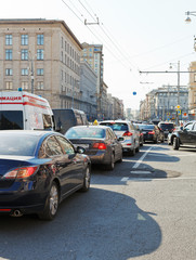 traffic jam on Tverskaya street in Moscow, Russia