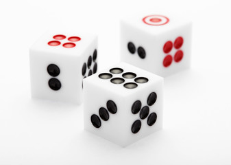 Three dice on table for game set