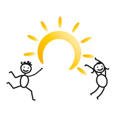 Zwei fröhliche Kinder mit Sonne in den Schulferien. Sich im Urlaub erholen und Kraft tanken für das neue Schuljahr. vektor, isoliert - obrazy, fototapety, plakaty