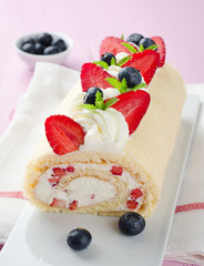 Homemade cake roll with strawberry