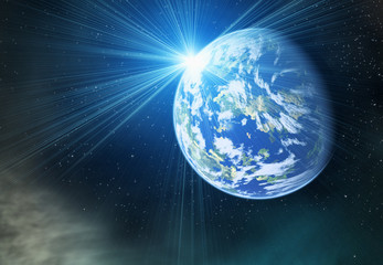 earth planet with flash on cosmos stars backgrounds