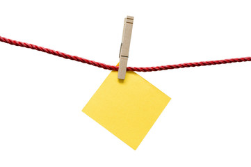 Bright Yellow Blank Note Hanging On Rope With Clothespin