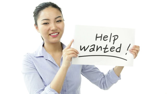 asian business woman isolated on white with help wanted sign