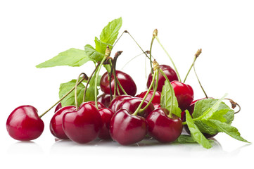 Fresh Cherry and leaves of mint on the white