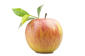 Red apple and leaves on the  white