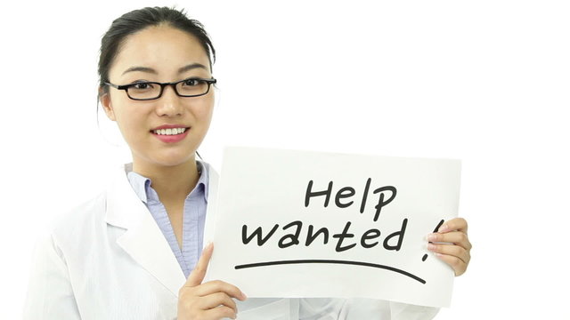 scientist doctor isolated on white with help wanted sign