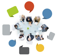 Group of Business People in a Meeting with Speech Bubbles