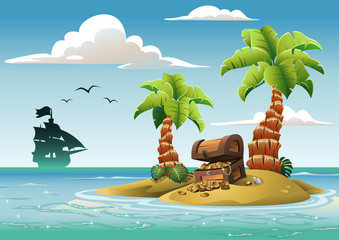 A cartoon-style illustration of a treasure island scene © jeffsanjaya