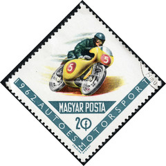 stamps printed in Hungary showing racing motorcycle