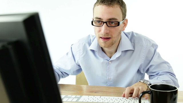 business man secret with computer isolated white