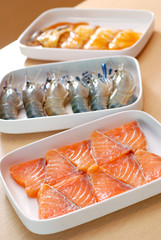 Raw fresh Salmon slice water shrimps BBQ Dinner