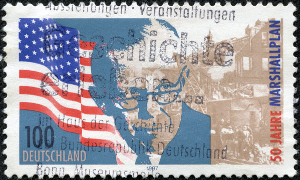 stamp dedicated to 50th anniversary of the Marshall Plan