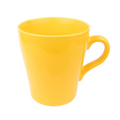 Yellow mug cup for coffee tea water on white background