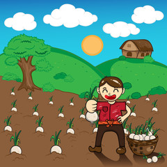 Fototapeta premium Farmer and onion plants a harvest vector cartoon